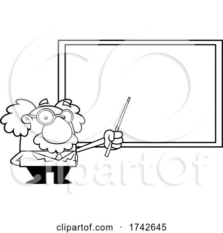 Science Professor Albert Einstein Character Holding a Pointer to a Chalkboard by Hit Toon