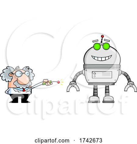 Science Professor Albert Einstein Character Operating a Robot by Hit Toon