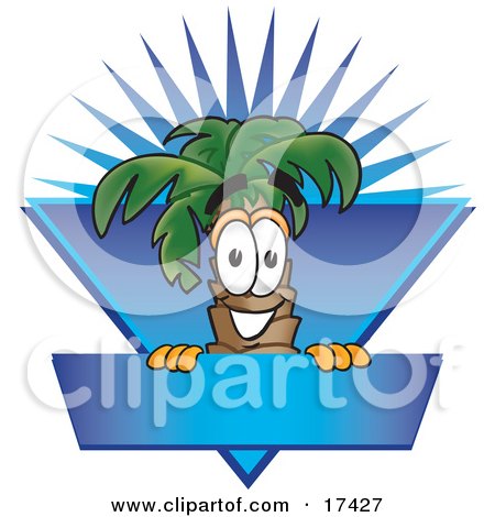 Clipart Picture of a Palm Tree Mascot Cartoon Character Over a Blank Blue Business Label With a Burst by Mascot Junction