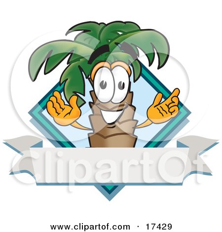 Clipart Picture of a Palm Tree Mascot Cartoon Character Over a Blank Banner on a Travel Business Label Logo by Mascot Junction