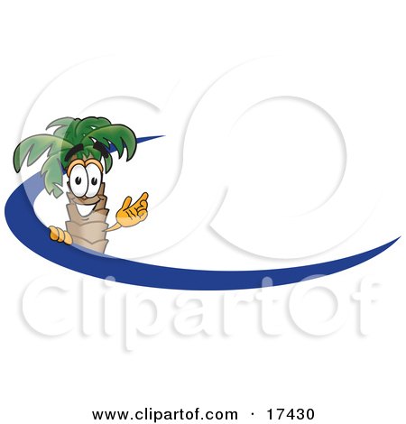 Clipart Picture of a Palm Tree Mascot Cartoon Character Waving and Standing Behind a Blue Dash on an Employee Nametag or Business Logo by Mascot Junction