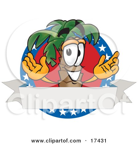 Clipart Picture of a Palm Tree Mascot Cartoon Character on an American Business Logo by Mascot Junction