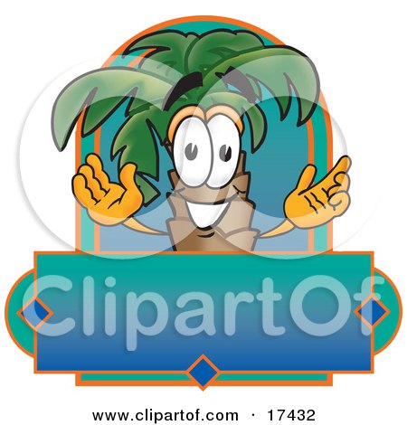 Clipart Picture of a Palm Tree Mascot Cartoon Character Over a Blank Business Label by Mascot Junction