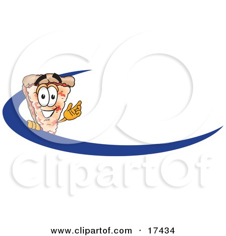 Clipart Picture of a Slice of Pizza Mascot Cartoon Character Waving and Standing Behind a Blue Dash on an Employee Nametag or Business Logo by Mascot Junction