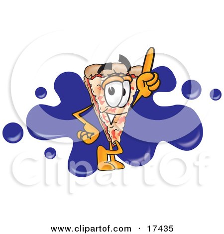 Clipart Picture of a Slice of Pizza Mascot Cartoon Character Pointing Upwards and Standing in Front of a Blue Paint Splatter on a Business Logo  by Mascot Junction
