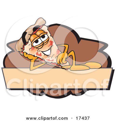 Clipart Picture of a Slice of Pizza Mascot Cartoon Character Reclining on a Blank Tan and Brown Label by Mascot Junction