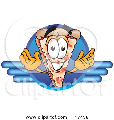Clipart Picture of a Slice of Pizza Mascot Cartoon Character on a Blue Business Logo by Mascot Junction