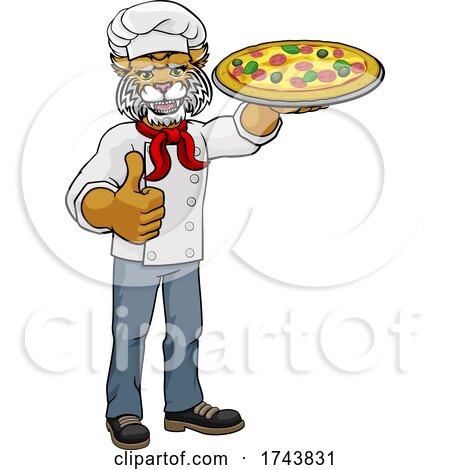 Wildcat Pizza Chef Cartoon Restaurant Mascot by AtStockIllustration