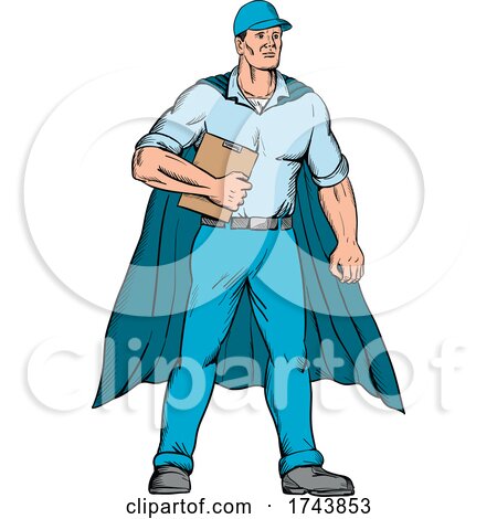 Worker As a Superhero Wearing a Cape and Holding a Clipboard Standing Viewed from Front Cartoon Style by patrimonio