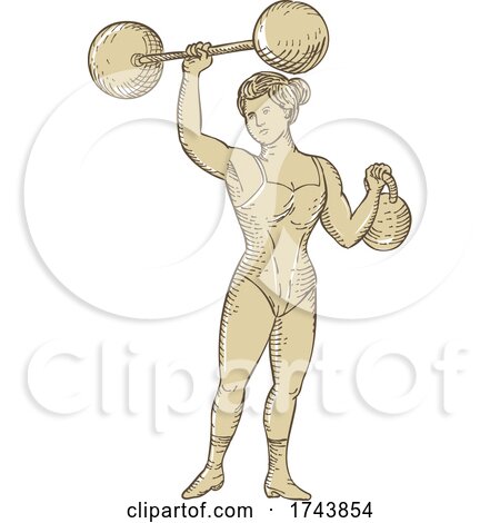 Vintage Circus Strongwoman Female or Lady Strongman Lifting Barbell on One Hand and Kettlebell in Etching Engraving Style by patrimonio