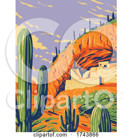 SaladoStyle Cliff Dwelling and Saguaro Cactus in Tonto National Monument in Superstition Mountains Located in Gila County Arizona WPA Poster Art by patrimonio