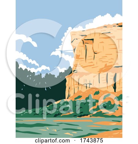 WPA Poster Art of Pompeys Pillar National Monument a Sandstone Pillar and Rock Formation Located in South Central Montana, United States Done in Works Project Administration Style. by patrimonio