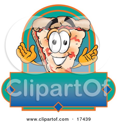 Clipart Picture of a Slice of Pizza Mascot Cartoon Character Over a Blank Banner by Mascot Junction