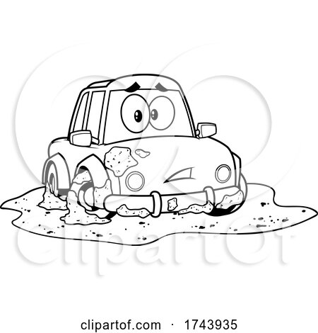 Black and White Dirty Car Stuck in a Mud Puddle by Hit Toon