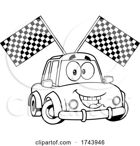 Black and White Happy Car with Racing Flags by Hit Toon