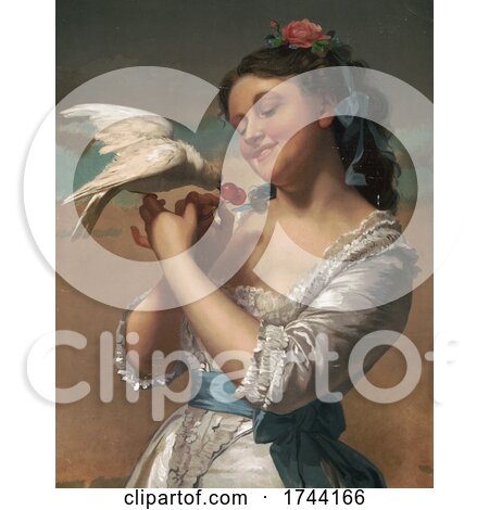 Young Woman Holding and Feeding Cherries to a Pet Dove by JVPD