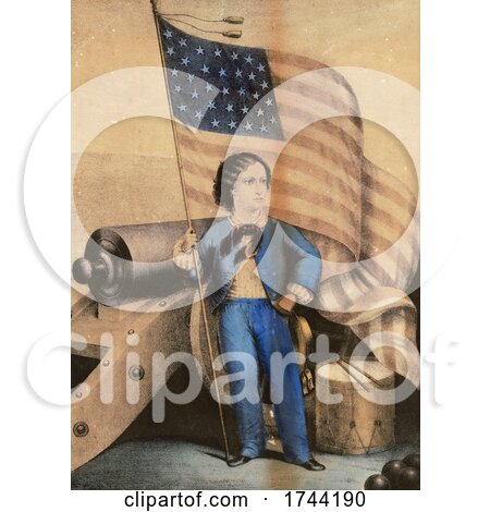 Patriotic Boy Holding a 34 Star American Flag by a Cannon and Drum by JVPD