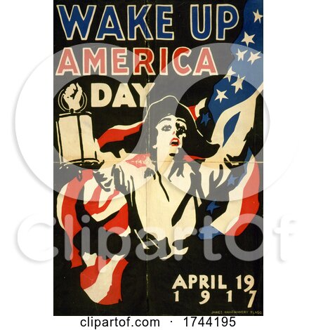 Wake up America Day April 19 1917 Showing a Woman with a Lantern and American Flag by JVPD