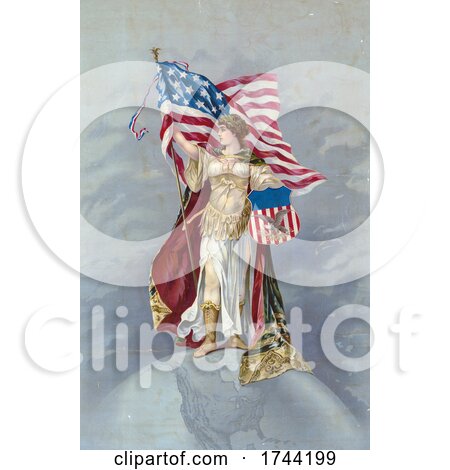 Columbia Standing on Earth and Holding an American Flag and Trademark Sign by JVPD