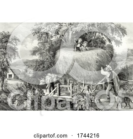 Farmers Transporting a Wagon on Hay with Children Riding on Top by JVPD