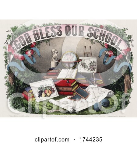 God Bless Our School Banner over Books and Supplies by JVPD