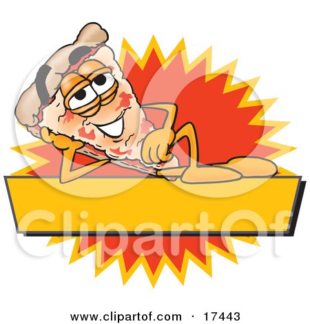 Clipart Picture of a Slice of Pizza Mascot Cartoon Character Reclining on a Blank Yellow and Orange Label by Mascot Junction