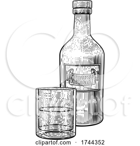 Whiskey Bottle and Glass Drink Engraving Etching by AtStockIllustration