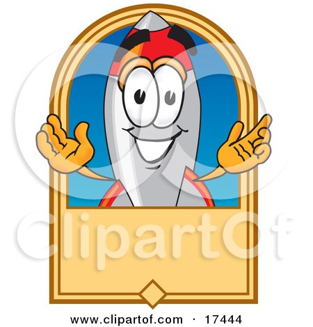 Clipart Picture of a Rocket Mascot Cartoon Character on a Blank Tan Business Label Logo or Sign by Mascot Junction