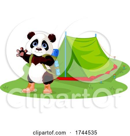 Cute Panda Waving and Wearing a Backpack by a Tent by Pushkin
