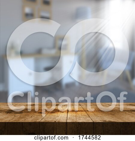 3D Old Wooden Table Looking out to a Defocussed Lounge Interior with Sun Rays by KJ Pargeter
