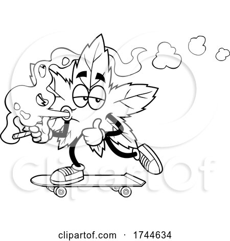 Cannabis Marijuana Pot Leaf Mascot Skateboarding and Smoking a Joint by Hit Toon