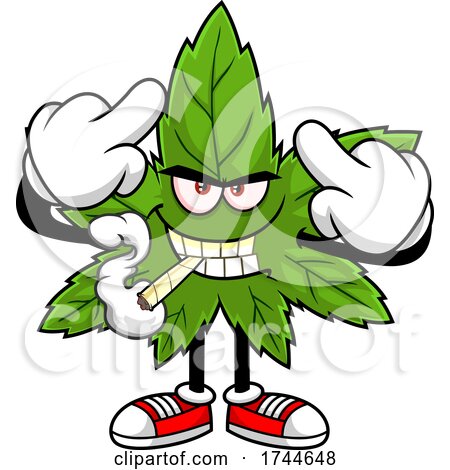 Cannabis Marijuana Pot Leaf Mascot Holding up Middle Fingers and Smoking a Joint by Hit Toon