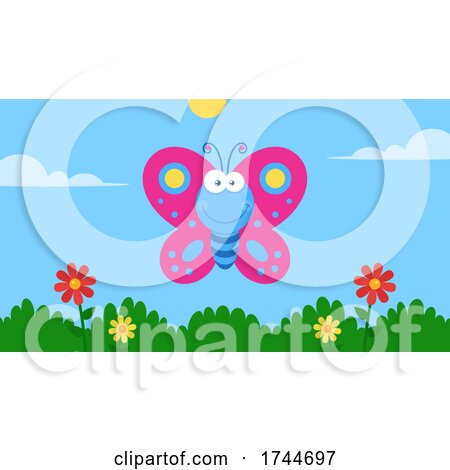 Happy Blue and Pink Butterfly and Flowers by Hit Toon