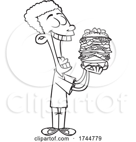 Cartoon Black and White Man Eating a Giant Hamburger by toonaday