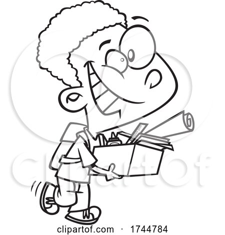 Cartoon Black and White Boy Packing up His School Desk and Ready for Summer by toonaday
