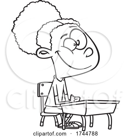 Cartoon Black and White Girl Sitting at a Desk by toonaday