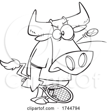 Cartoon Black and White Bull Playing Tennis with a Ball Bouncing off of His Head by toonaday