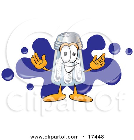 Clipart Picture of a Salt Shaker Mascot Cartoon Character Standing in Front of a Blue Paint Splatter on a Business Logo by Mascot Junction