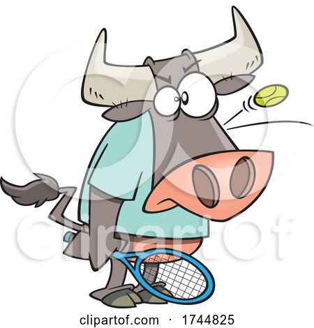 Cartoon Bull Playing Tennis with a Ball Bouncing off of His Head by toonaday