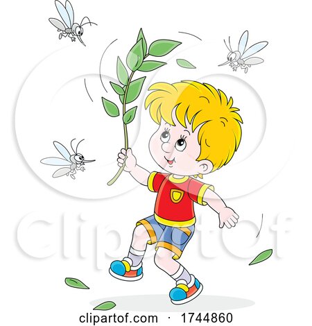 Boy Fighting off Mosquitos with a Branch by Alex Bannykh