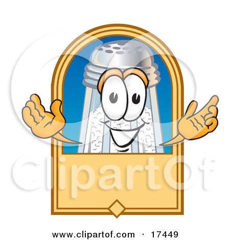 Clipart Picture of a Salt Shaker Mascot Cartoon Character on a Blank Tan Label, Logo or Sign by Mascot Junction