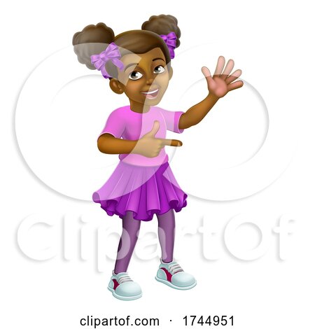 Black Girl Cartoon Child Kid Pointing Waving by AtStockIllustration