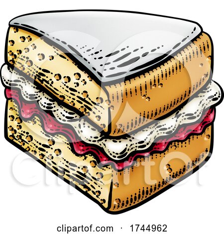 Cake Sponge Slice Jam Cream Woodcut Drawing by AtStockIllustration