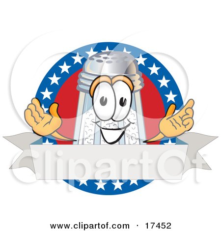 Clipart Picture of a Salt Shaker Mascot Cartoon Character Over a Blank White Banner on an American Themed Logo by Mascot Junction