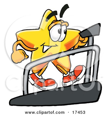 Clipart Picture of a Star Mascot Cartoon Character Walking on a Treadmill in a Fitness Gym by Mascot Junction