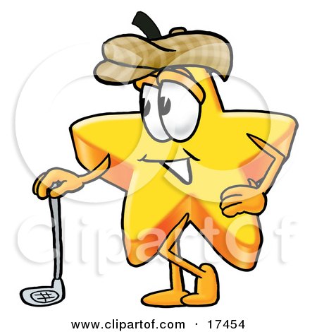 Clipart Picture of a Star Mascot Cartoon Character Leaning on a Golf Club While Golfing  by Mascot Junction