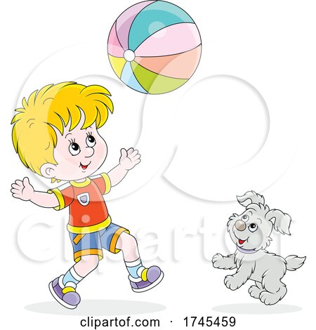Boy and Dog Playing with a Beach Ball by Alex Bannykh