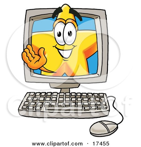 Clipart Picture of a Star Mascot Cartoon Character Waving From Inside a Computer Screen by Mascot Junction