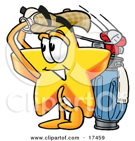 Clipart Picture of a Star Mascot Cartoon Character Swinging His Golf Club While Golfing by Mascot Junction