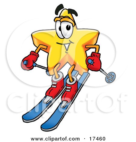 Clipart Picture of a Star Mascot Cartoon Character Skiing Downhill by Mascot Junction